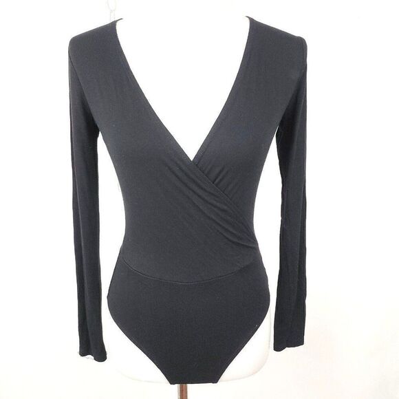 Forever 21 Black Jersey Knit Long Sleeve Deep Cut V-Neck Wrap Bodysuit Womens S - Picture 1 of 4